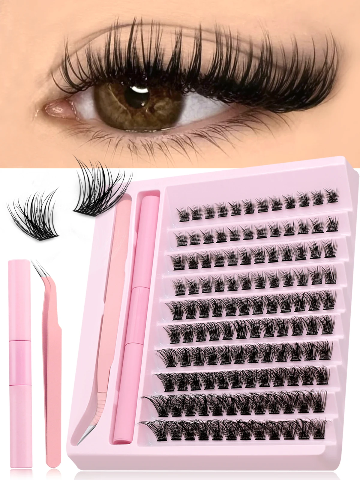 GROINNEYA Lash Clusters Kit DIY Lash Extensions Individual Lashes Clusters with Applicator & Lash Bond & Seal Eyelashs Extension