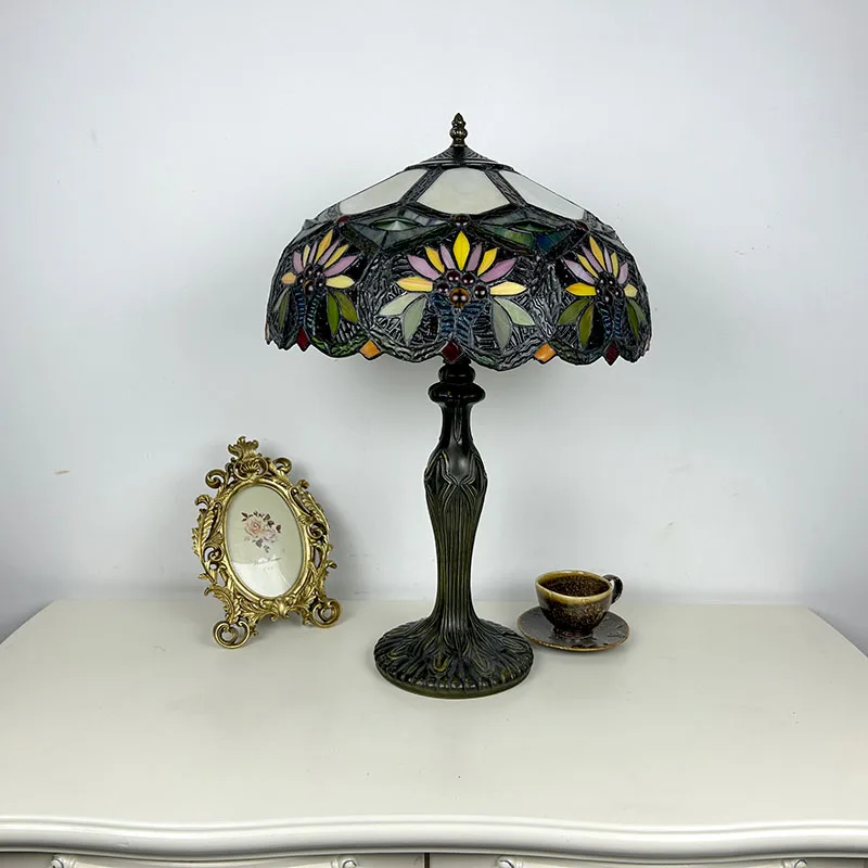 16 Inch Retro  Desk Lamp Mediterranean Style Stained Glass LED Light with 2700K Warm White for Living Room