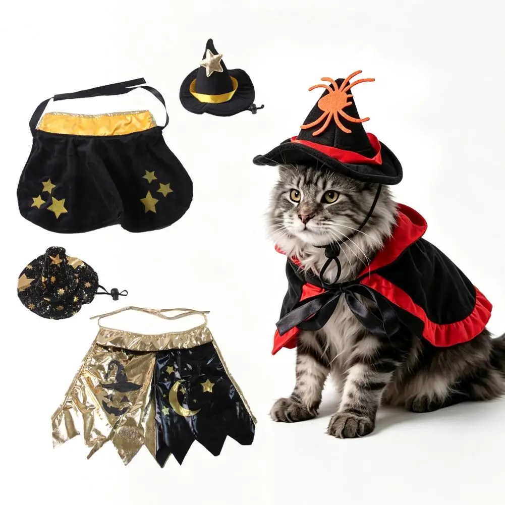 Pet Halloween Costume Cat Costume Halloween Cat Witch Costume Set Black Moon Star Cloak Pointed Hat Festive Pet Outfit for Small