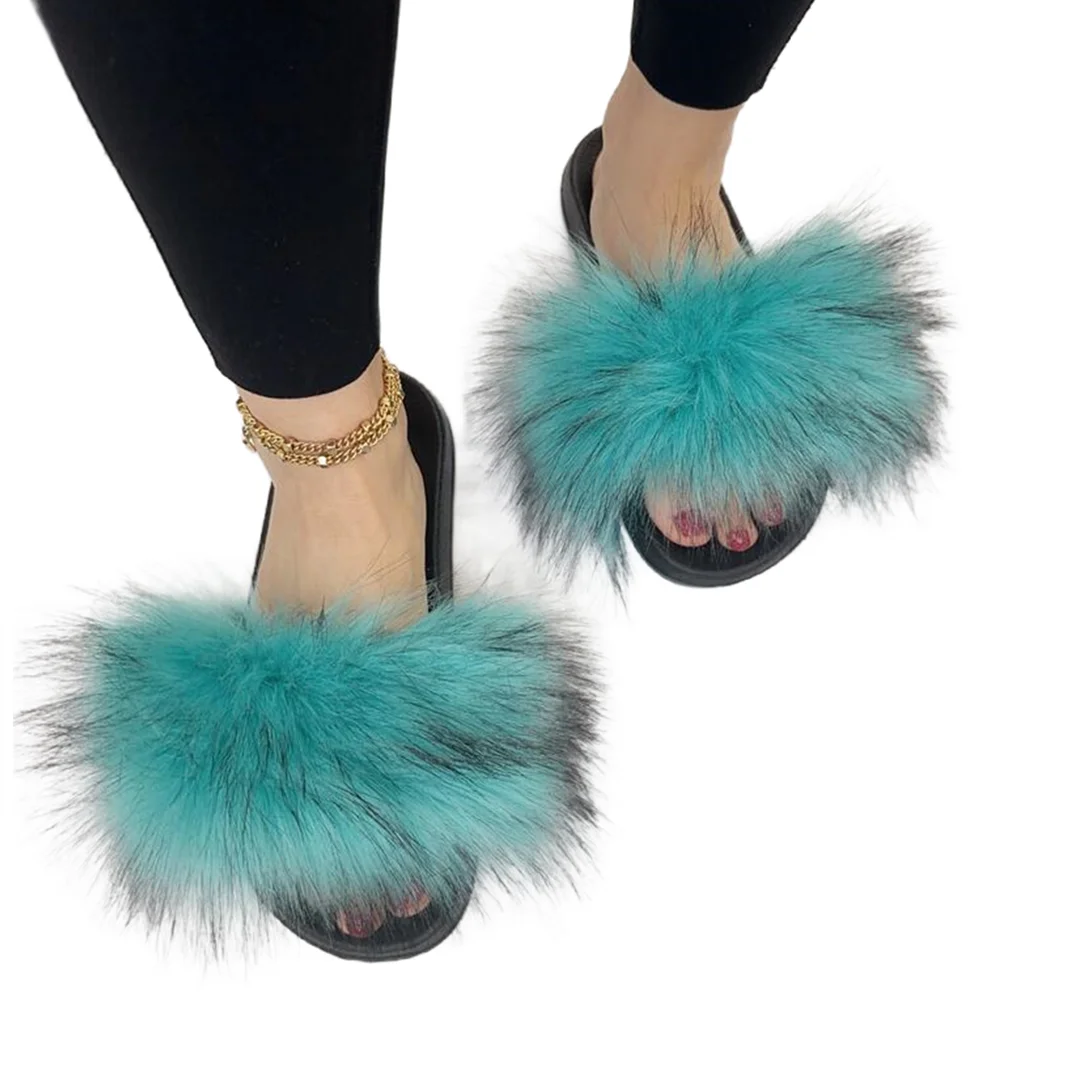 Hot Summer Women faux Fox Fur Slippers Fur Slides Female Indoor Flip Flops Casual Raccoon Fur Sandals Furry Fluffy Plush Shoes