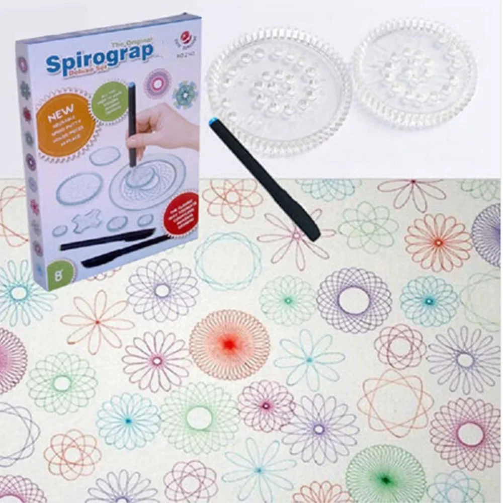 2024 nowy Spirograph Deluxe zestaw projektowy zestaw blaszany rysuj wzory spiralne blokujące koła i koła, rysuj zabawki edukacyjne