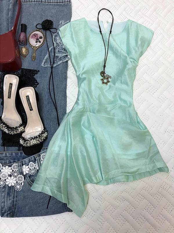 Original n Lake Blue Svel Dr Women's Summer Vintage ort Skirt Asymmetrical Waist Cinched A-Line Dr