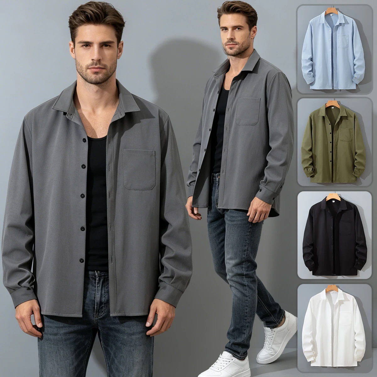 Men's Spring And Autumn Shirt Solid Color Basic Fashion Collar Button Top Comfortable Moisture Absorbing Multi Functional