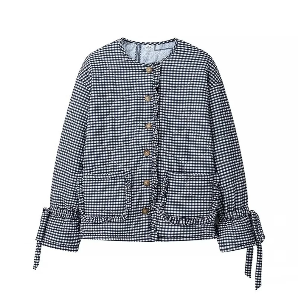 2024 ZAR4 Summer New Women\'s European and American Style Fashion Casual Two sided Checkered Cotton Jacket