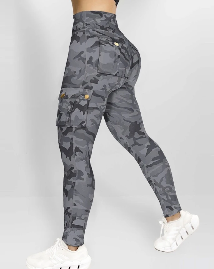 Camouflageprint Hoge taille skinny knooplegging met zak Casual broek 2025, mode damesbroek, elegante vrouwelijke broek