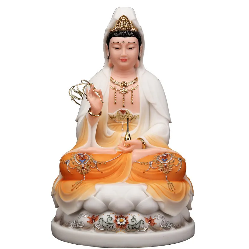XL Guanyin Bodhisattva Home Lotus White Marble Stone Carving Send Son Guanyin Nanhai Guanyin Buddha Statue Saha Three Sages