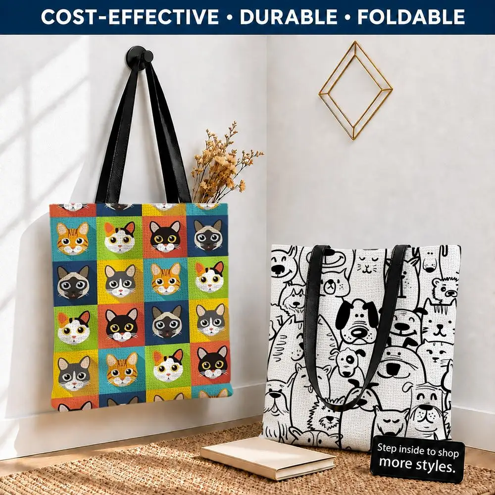 FlatCuteCat Storage Bags Polyester Canvas Tote Lightweight Foldable Reusable Shopping Bag Shoulder Straps