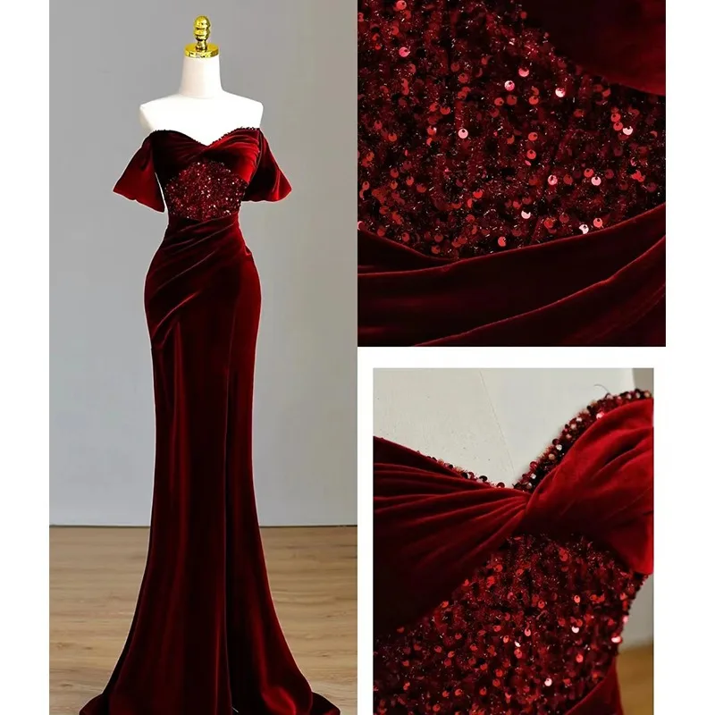 CustomizedSexy Velvet Evening Dress Sweetheart Off The Shoulder Side Split Mermiad Sequins Fishtail Formal Occasion Bridesmaid G