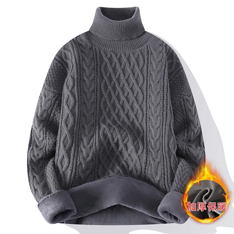 

Sweater men's autumn and winter round neck knitted base sweater men's winter high neck thickened fleece warm wool thread clothin