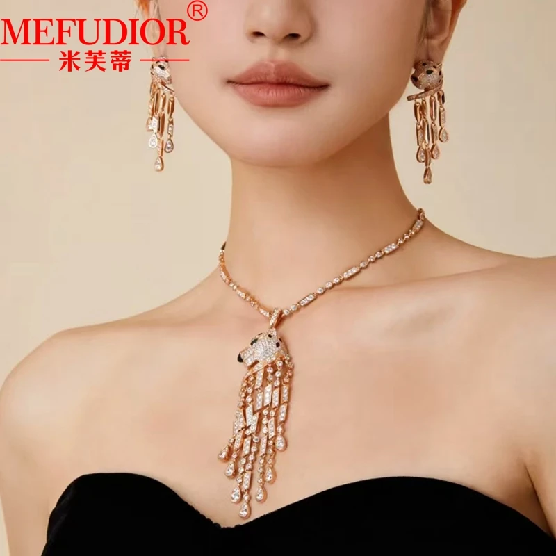 925 Sterling Silver Black Red Stone Leopard Tassel Long Dangle Panther Earrings Necklace Luxury Rose Gold Jewelry Set For Women