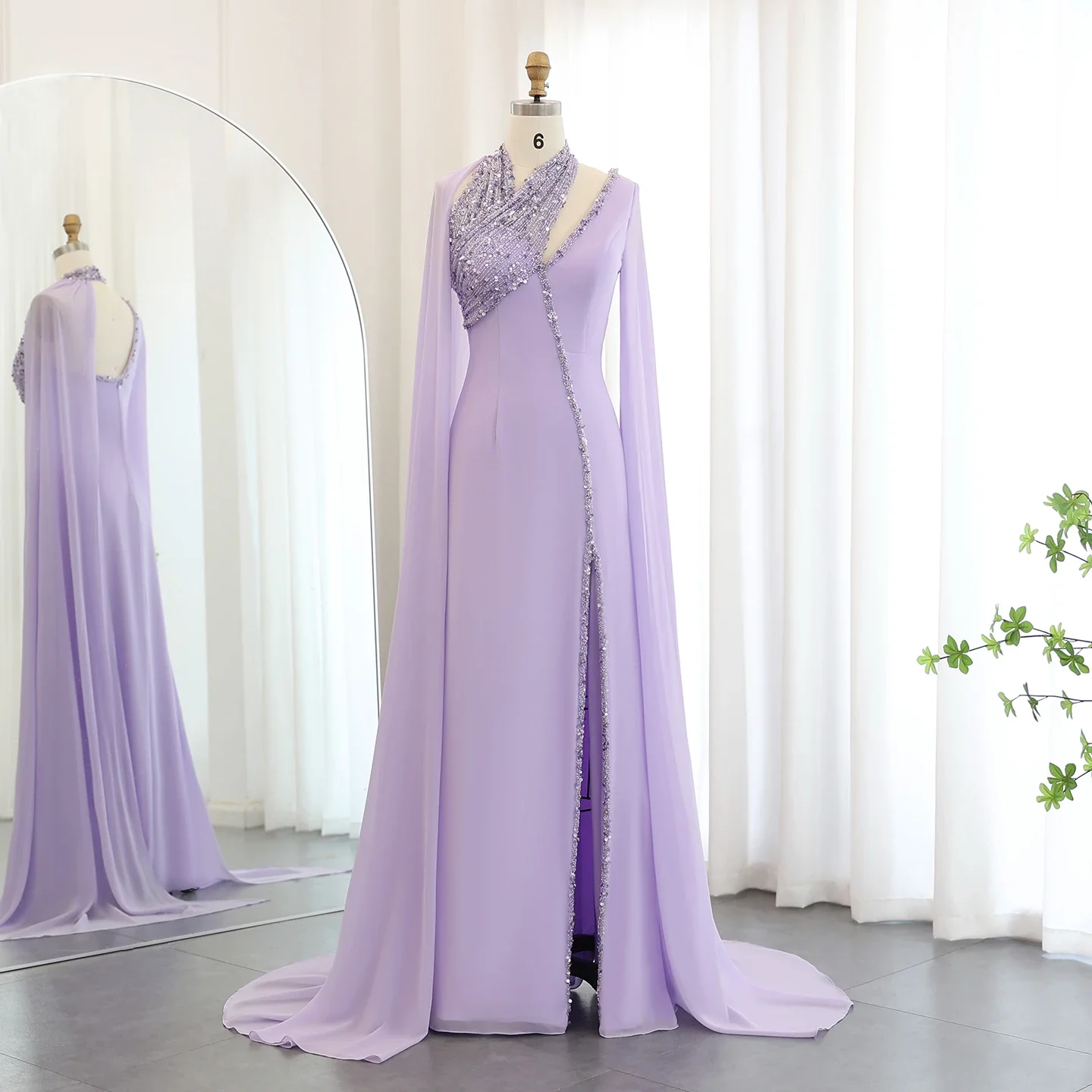 

Turquoise Chiffon Light Purple Dubai Evening Dress with Cape Sleeves Fuchsia Lilac Arabic Women Wedding Party Gowns