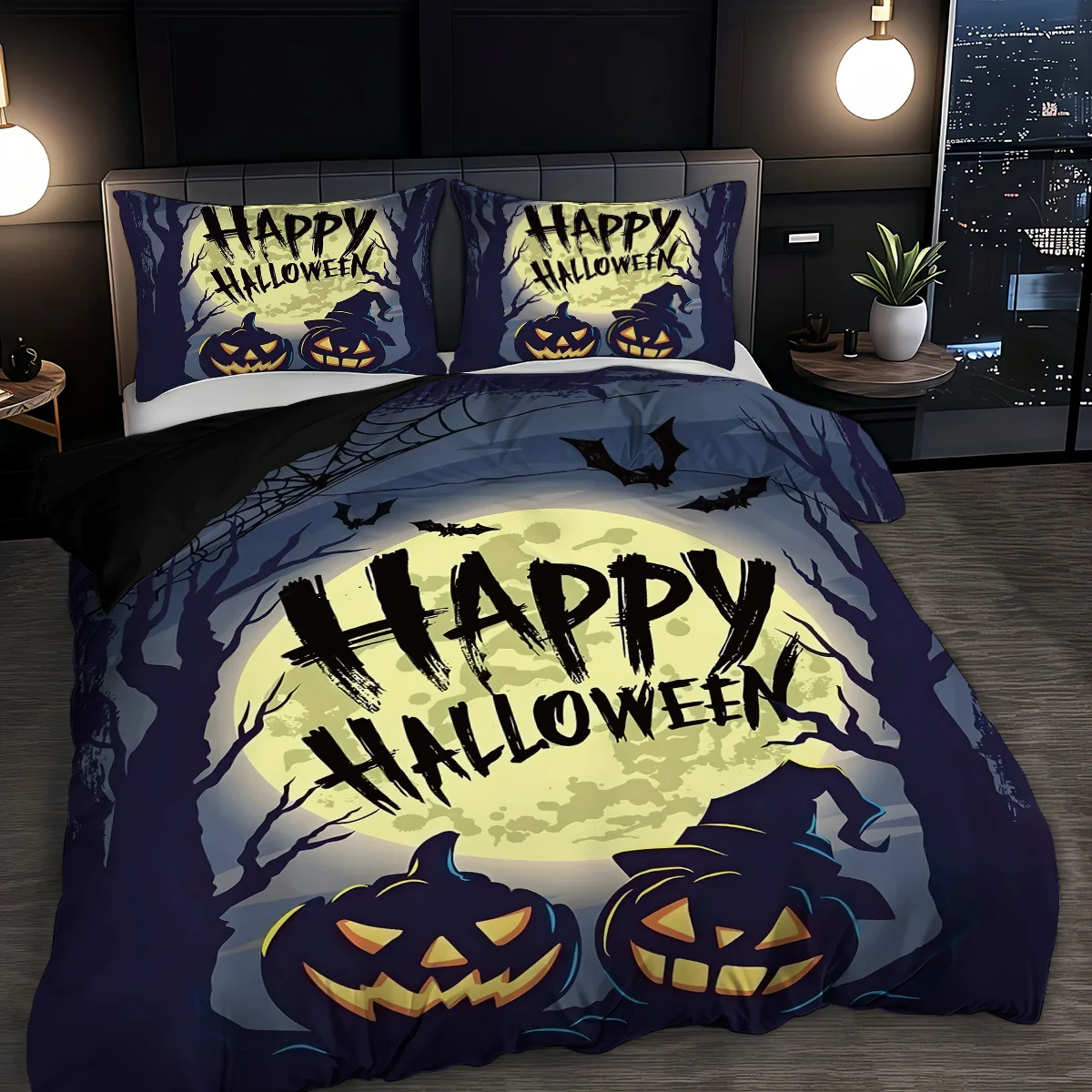 Bettwäsche-Set mit Halloween-Motiv, 3D-gedrucktes Bettbezug-Set, hautfreundlich, für Einzelbett, Doppelbett, Halloween-Dekor, Bettbezug-Set – Detail 4
