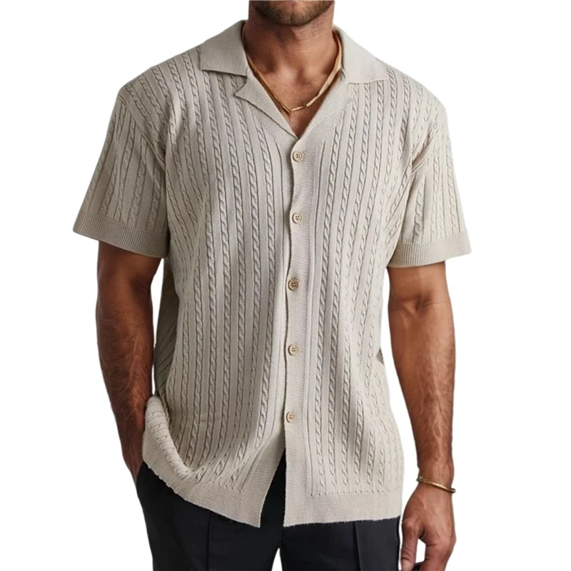 ABRT-Mens Knit Shirt Short Sleeve Plain Button Down Beach Vacation Shirt Casual Striped Summer Top