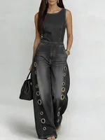Bonboho Women's Sleeveless Round Neck Eyelet Wide Leg Denim Jumpsuit Casual Streetwear Jumpsuit for Festival & Party Outfits - Image 4