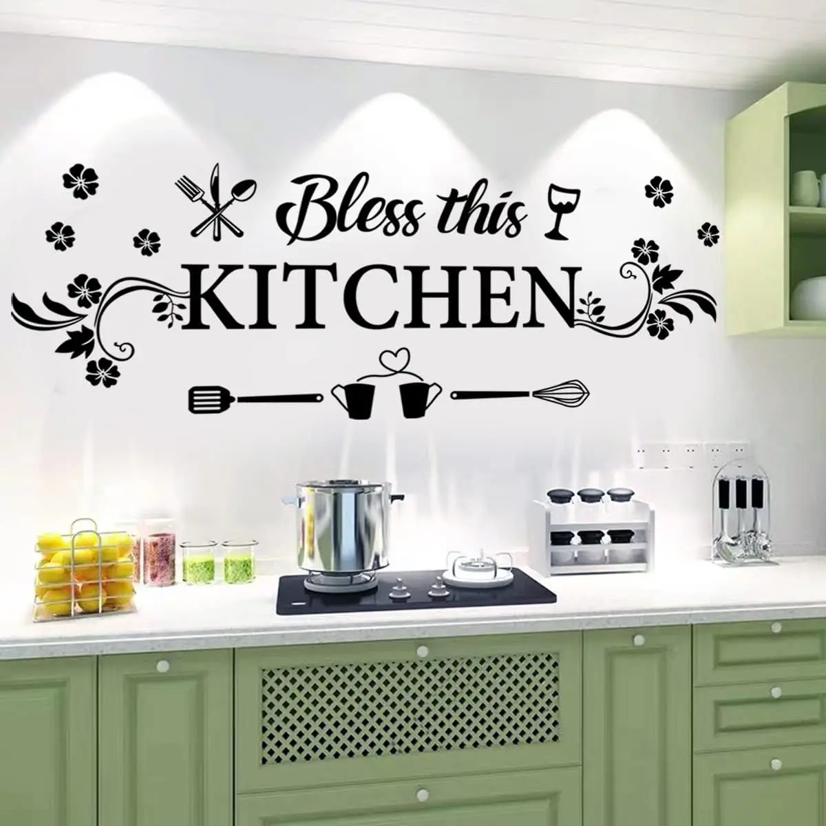 Bless This Kitchen Wall Decal with Flower Art - Removable Vinyl Sticker for Dining Room, Baking Room, Bar, Restaurant Home Decor view 3