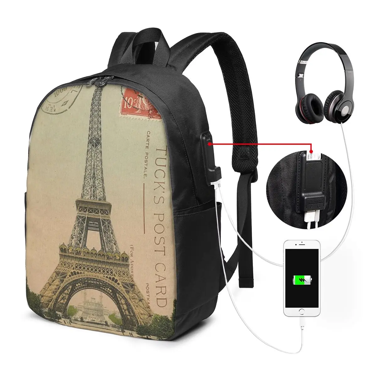 Vintage Paris Postcard Eiffel Tower Backpack Travel Notebook Bag Computer College Student School Bag Laptop Shoulder Bags