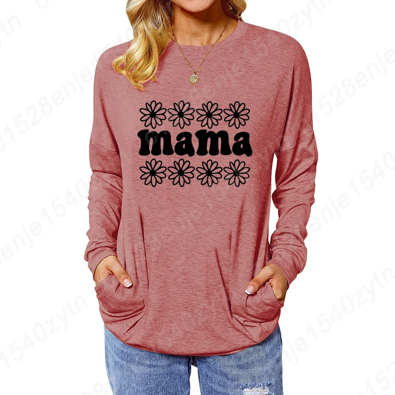 

Autumn Winter Sweatshirts Women Blouses Round Neck Long Sleeves T-Shirts Mama Flower Print Loose Wear Women's Casual Shirts Tops