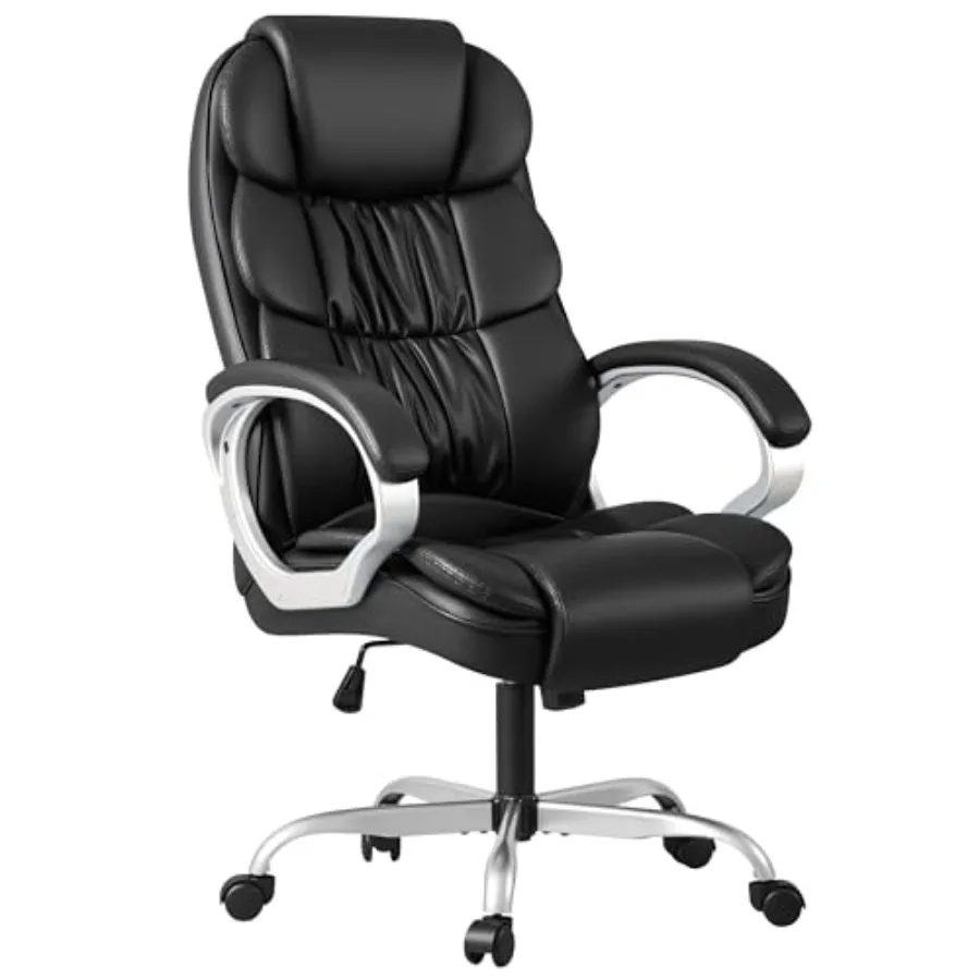 Office chair for executive use, PU leather, black, high back with lumbar support and padded armrests