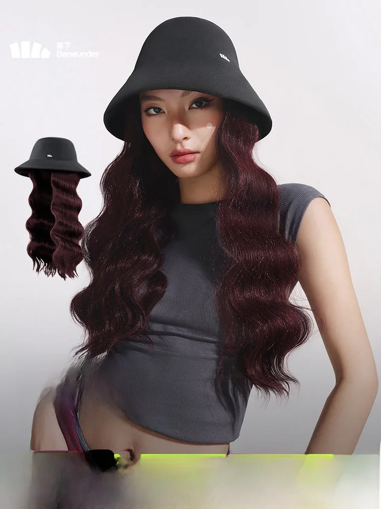 

Banana Leaf Integrated Dyed Women's Wig Full Head Covering Fishing Cap Big Wave Brown Hair Sun Protection Real Hair Material