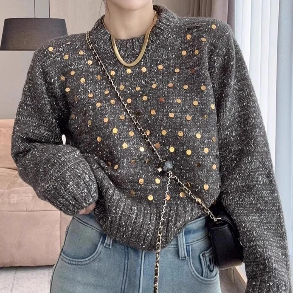 Retro sequined sweater women's 2025 new winter Korean lazy style high-end sense super good-looking knitted sweater top