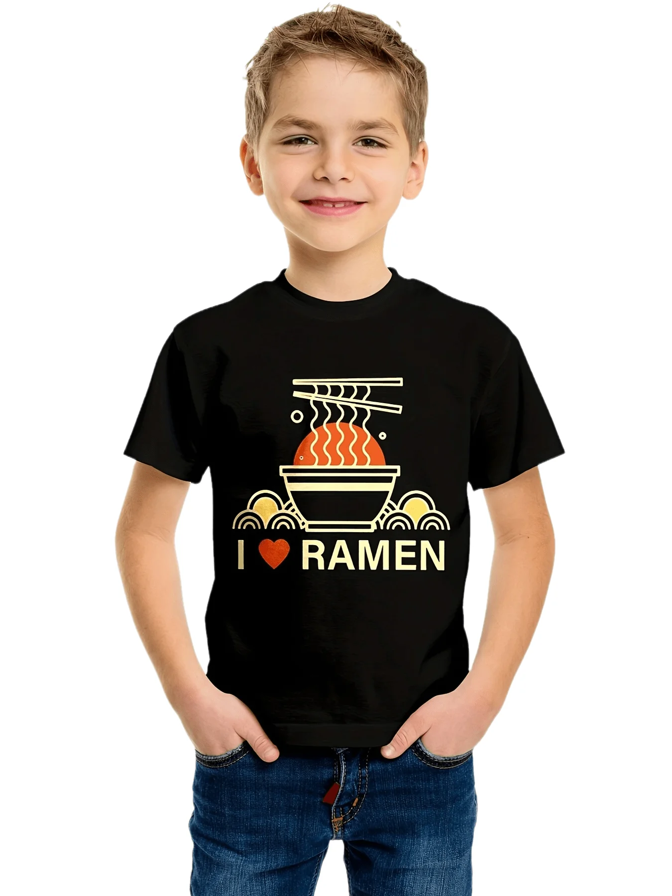 I LOVE RAMEN Printed Cute and Cute Casual Children's T-shirt Parent Child Trendy Creative Casual T-shirt Daily Wear