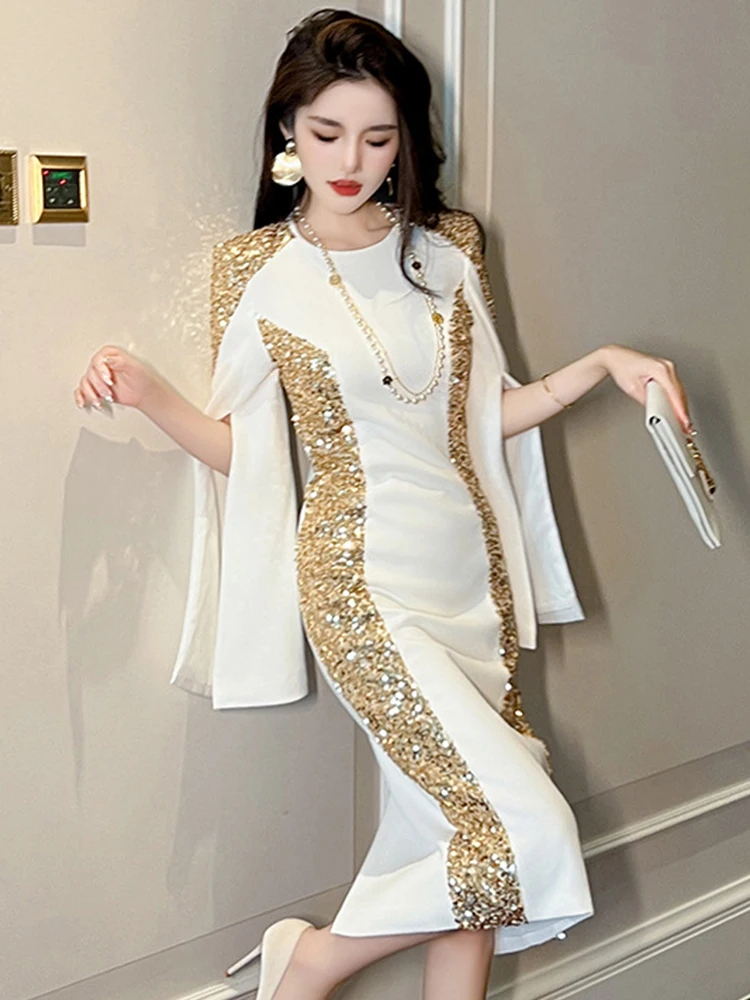 Exquisite Host Banquet Evening Dress Women 2024 Luxury Style Gold Sequins White Slim Robe Femme Party Prom Vestidos Catwalk Gown