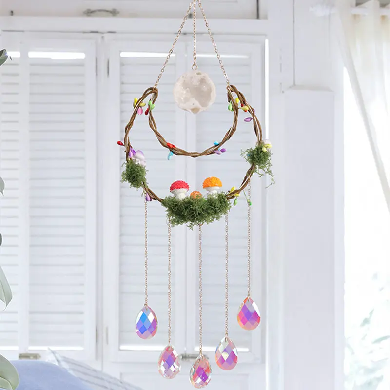 Artificial Moss Mushroom Sun Catcher Hanging Garden Decorative Crystal Catchers Gravel Natural Stones Suncatcher Indoor Ornament