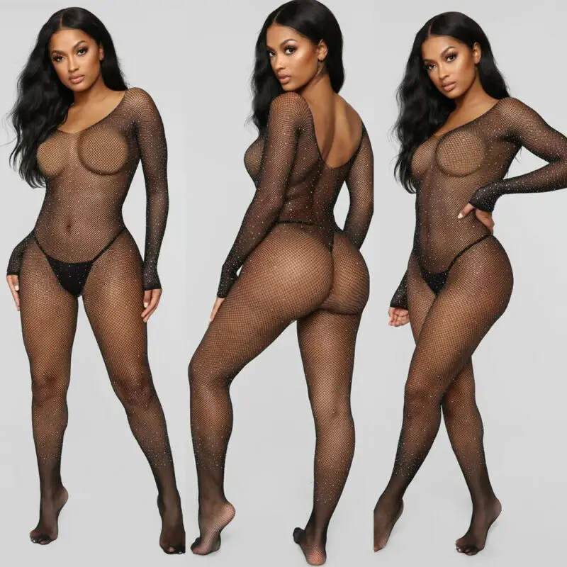 Hot Sexy Fishnet Bodysuit Hollow Out Erotic long sleeve Lingerie Women Mesh Body Stockings Sex Porn Costume Crotchless Pantyhose