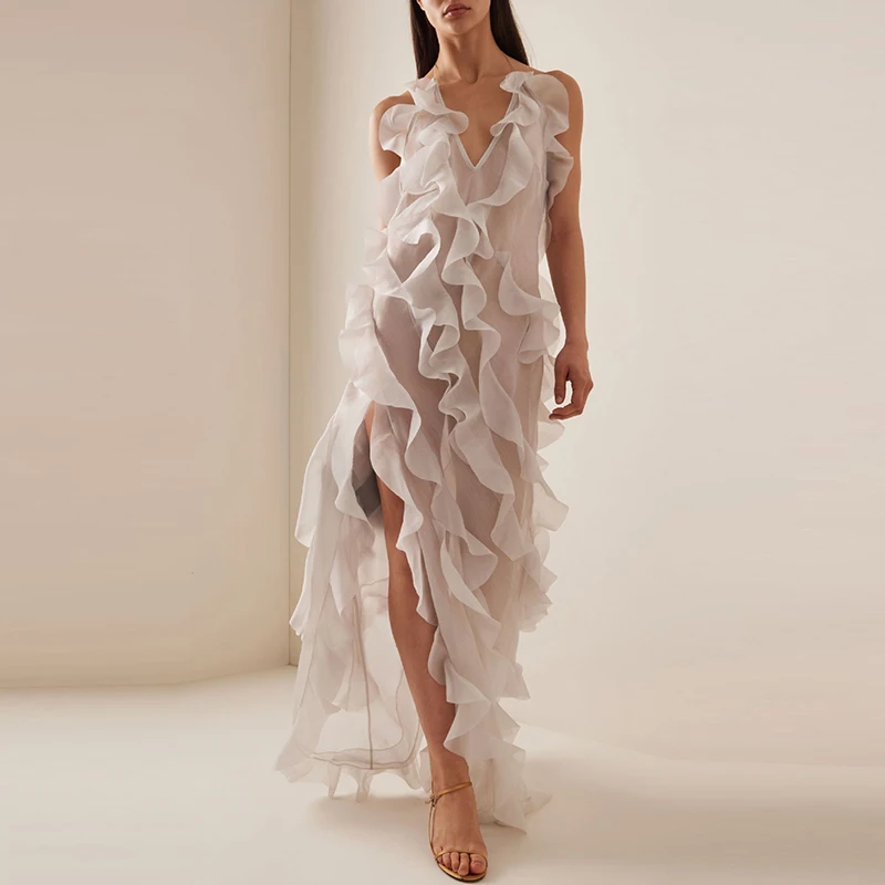

Sexy Sleeveless Dress Design Style Fashion Solid Color Ruffle Halter Dress Show Style Deep V See-through High Slit Evening Dress