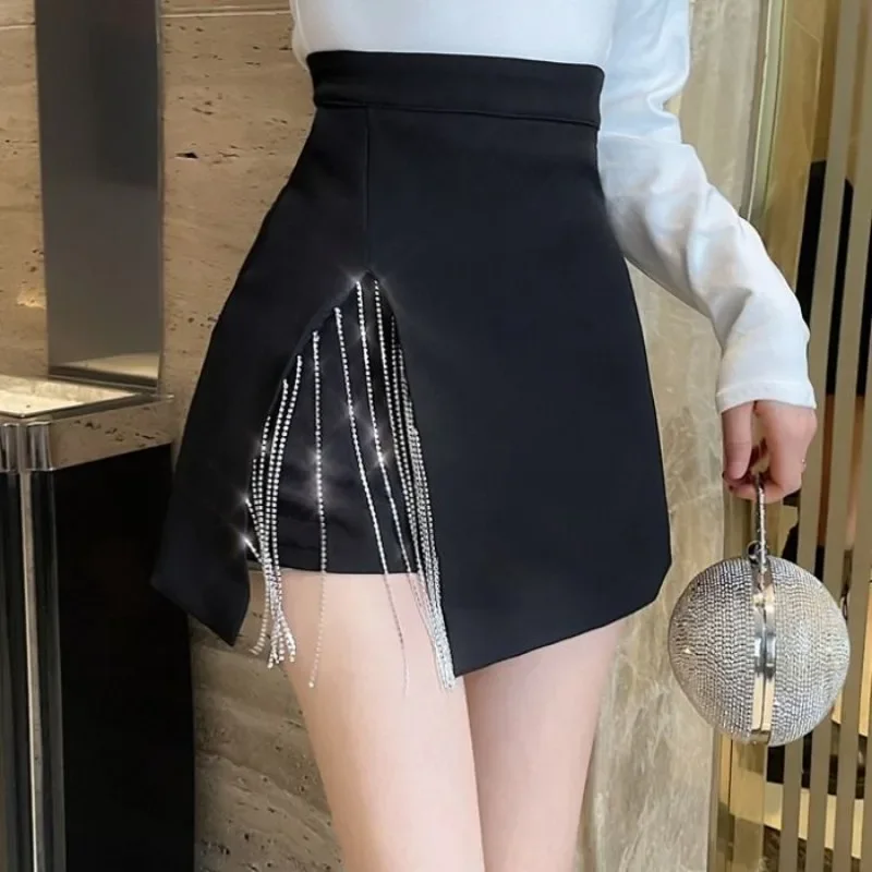 

Black Short Tight Fringe Woman Skirt Wrap Mini Zipper with Slit A Line Harajuku Clothing Sales V Korean Style Skirts for Women