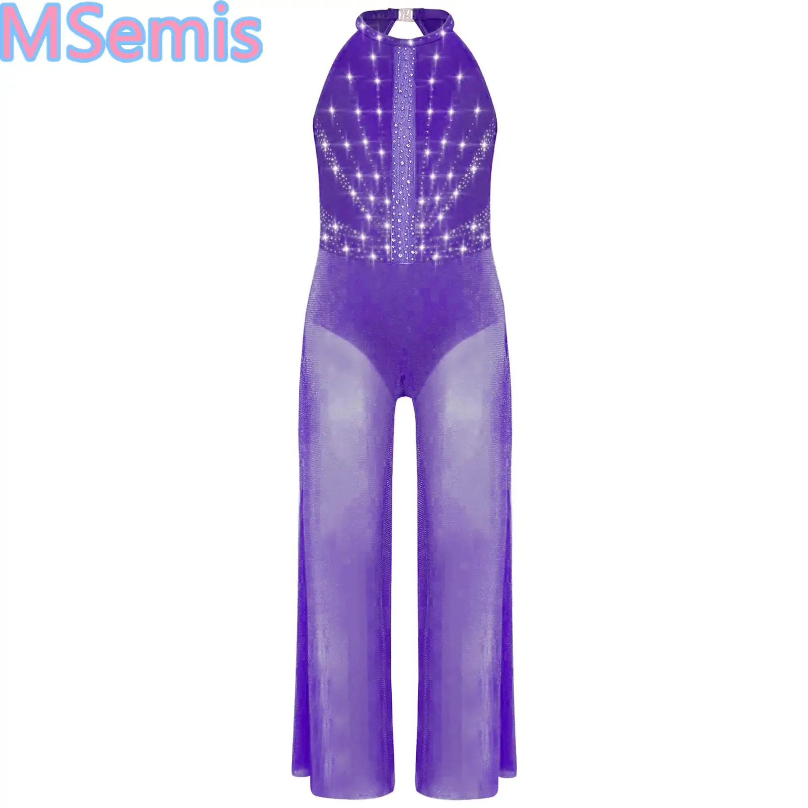 

Girls Sleeveless Gymnastics Figure Skating Dance Leotard Rhinestones Bodysuit Sides Split Dance Jumpsuit with Built-in Briefs