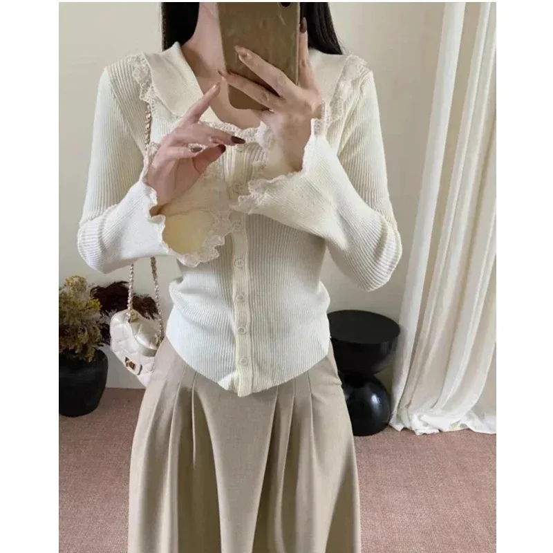 Cardigan à manches longues pour femmes, décontracté, col en v, haut tricoté, Style coréen, pull en dentelle douce, élégant, couleur unie, automne 2025