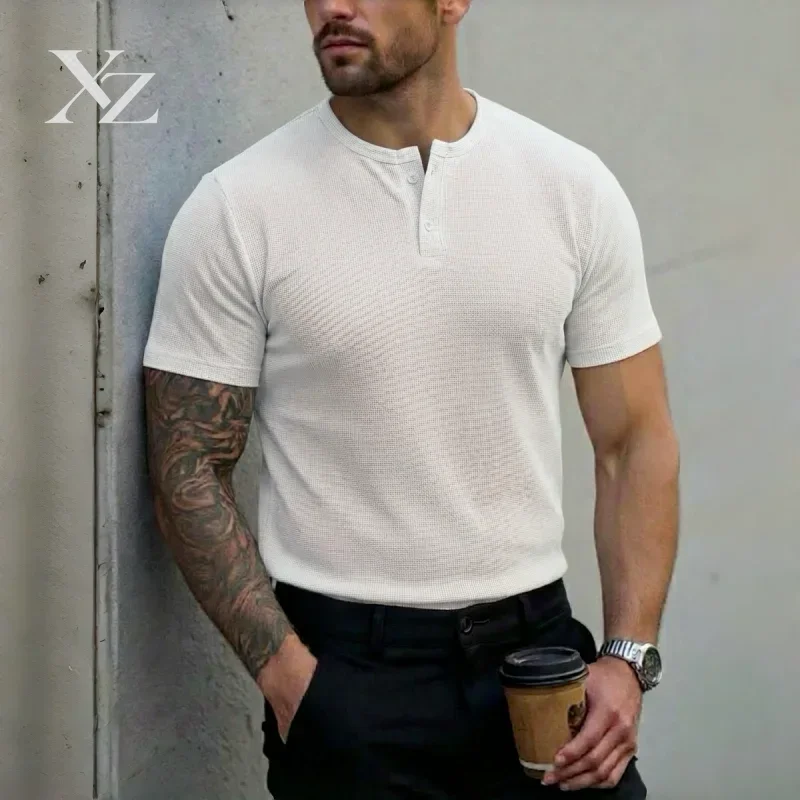 Men's Short-Sleeve Henley Collar Polo Shirt, Summer Casual Button-Down Placket T-Shirt, Street Style Base Layer, S-3XL