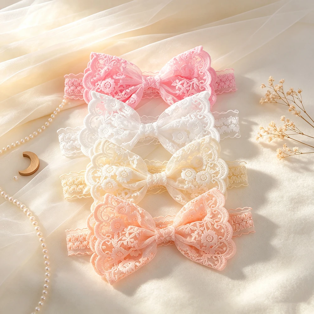 4Pcs/set White Pink Cream Lace Flower Bow Baby Headbands Soft Stretch Hair Band Toddler Girls Photography Props