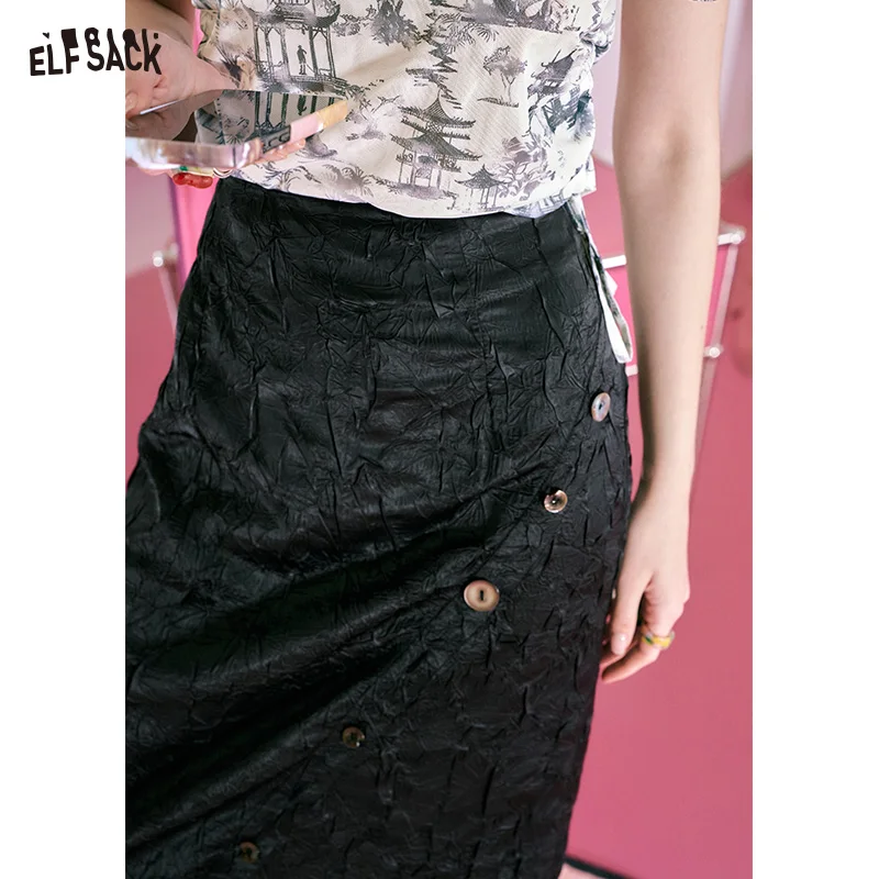 ELFSACK New Chinese Satin Half Skirt for Women's 24th Summer New Folded Split Long Skirt