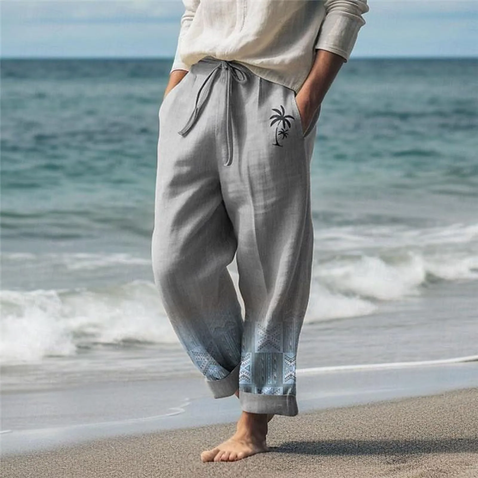 Men's Summer Beach Drawstring Elastic Waist Pattern Coconut Tree Pattern Breathable Soft Holiday Fashion Elastic Mens Pants