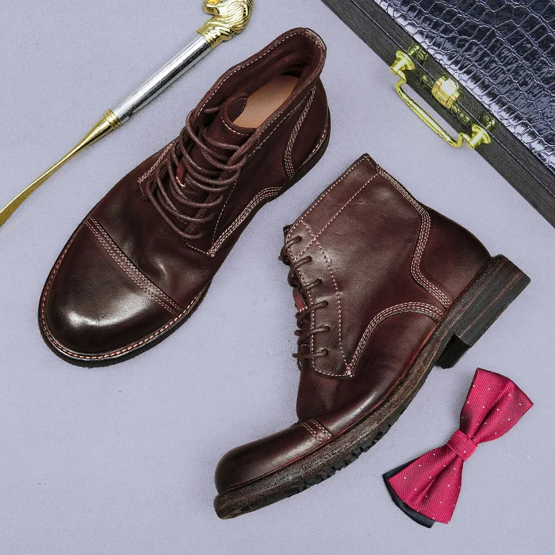 Men's Genuine Leather Cap Toe Ankle Boots High Top Retro Combat Boots Classic Lace Up Formal Casual Work Boots Non Slip Footwear