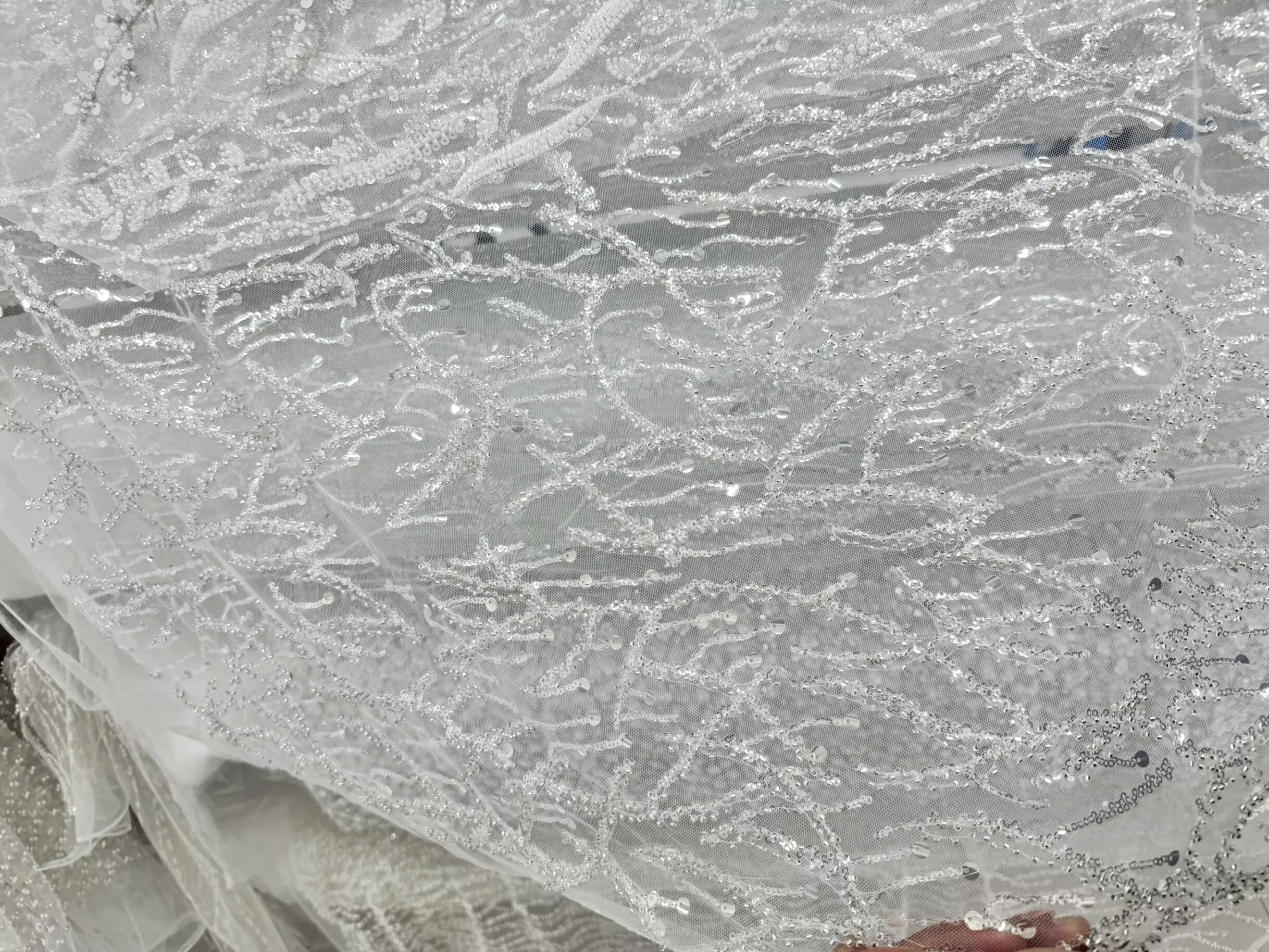 High Quality Embroidered Sequins Striped Beaded Tulle Fabric for Stage Costumes DIY Wedding Dresses Material