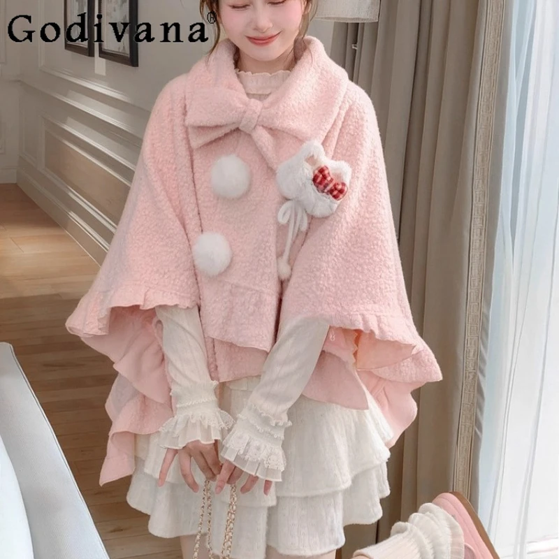 الحلو الوردي لوليتا معطف الصوف للنساء النمط الياباني Bowknot تصميم فضفاض الرؤوس الإناث الشتاء القوس طوق التخسيس العباءات