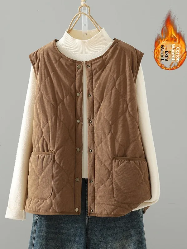 

Retro Corduroy Thiened Cotton Women's Vest Large Size Simple Layering Warmth Casual Sle No-Sve round Ne Coat