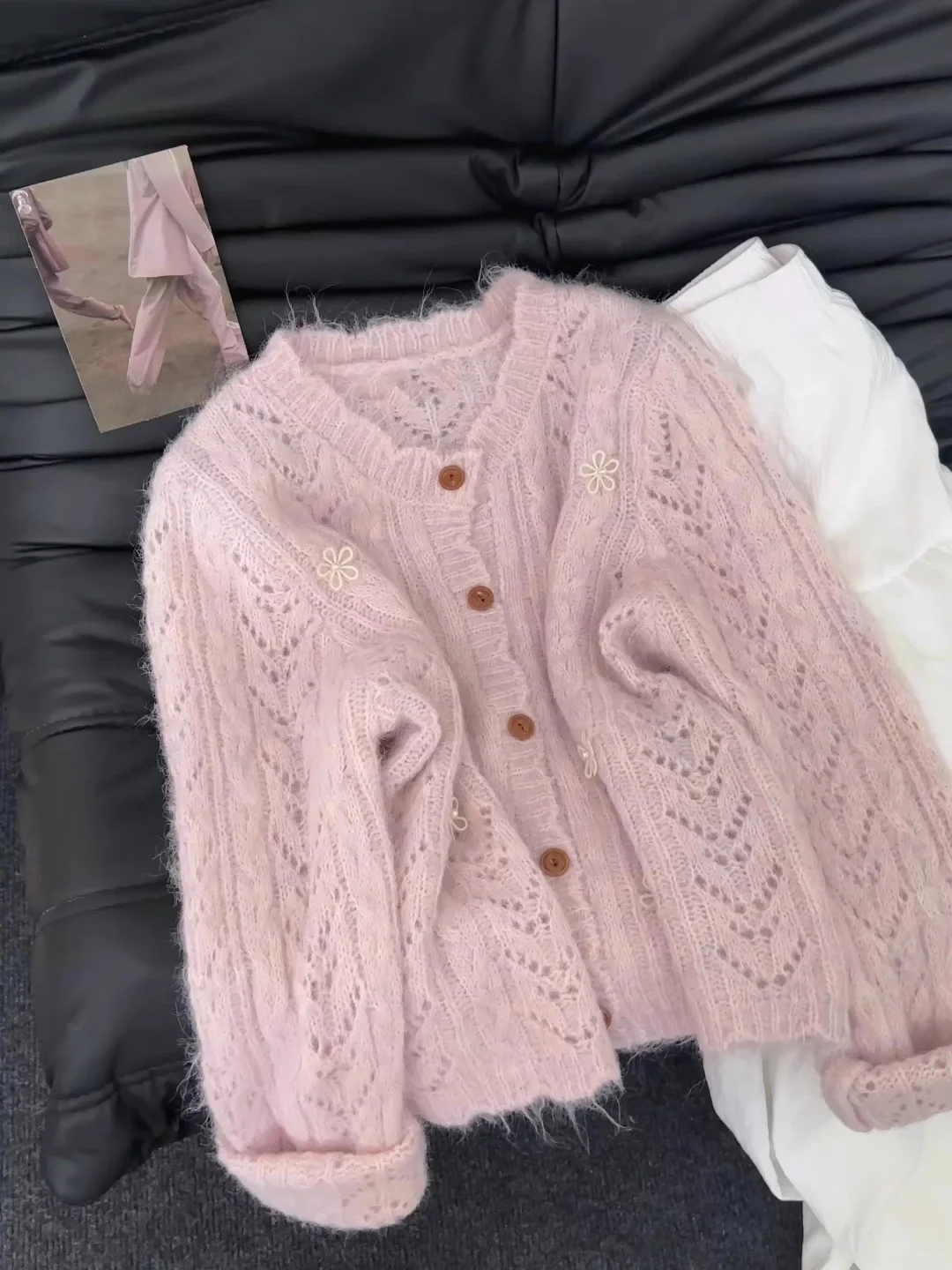 

Soft Cozy Women's Knitted Open Cardigan Pastel Hollow out Design Long Sve round Ne Warm Outerwear Sweater for Early Autumn