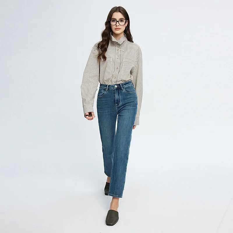 Jeans High-end Retro Straight-leg Women Spring Autumn Blue Bottoms High-waisted Slim Versatile Stretch Cropped Pants Clothing