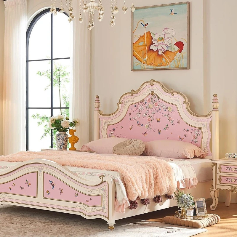 French court girl pink cream wind girl princess bed new all solid wood 1m 81.5M double wedding bed, all solid wood painted