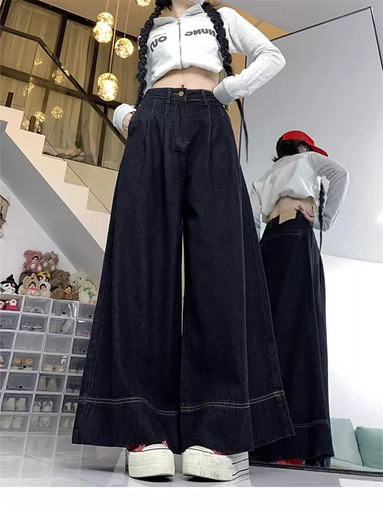 Women's Loose Wide Leg Ankle-length Straight Jeans Street Girl Bottoms Pant Female Fashion High Waist Bell-bottom Denim Trousers