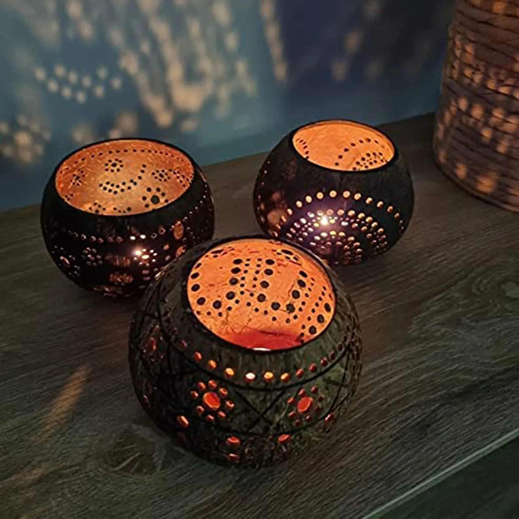 Coconut Shell Wood Candle Holders (Set of 3) with Coconut Scented Tealight Candles - Boho Decor, Votive Candles Holders