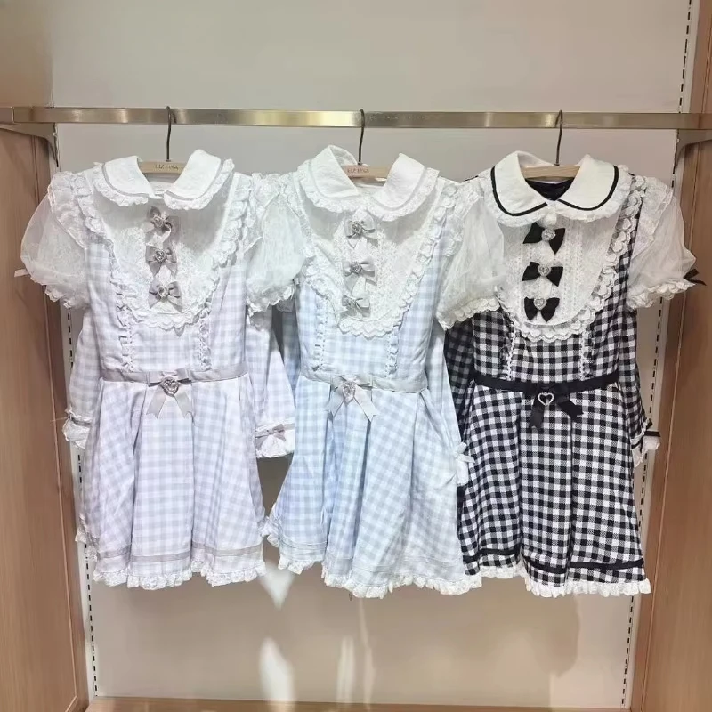 New Japanese SC Rojita Mine Series Outfits Hot Girl Plaid Doll Collar Bow Short-sleeves Dress And Shorts Two-piece Set For Women