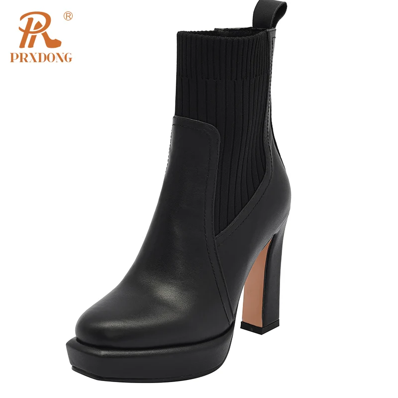 PRXDONG Women\'s 2023 New Fashion Genuine Leather High Heel Platform Shoes Autumn WInter Warm Ankle Boots Black Brown Dress Party