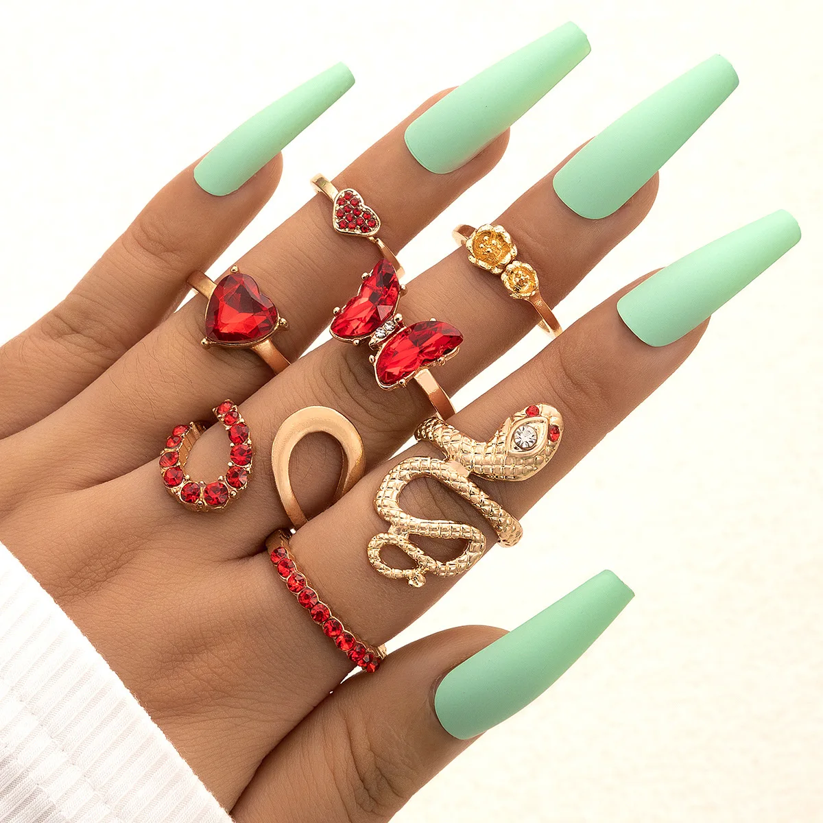 New Crystal Geometric Kunckle Ring Set For Women Colorful Rhinestone Heart Butterfly Snake Wedding Finger Ring Boho Jewelry