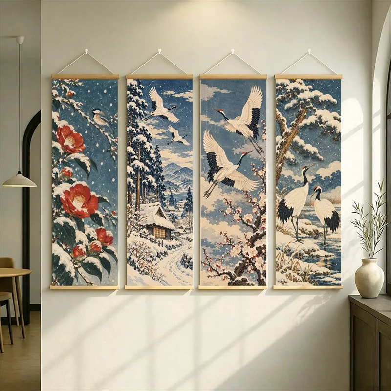 Japanese Ukiyo-e Hanging Scroll with White Cranes, Red Flowers and Snowy Branches in Soft Winter Colors for a Living Room