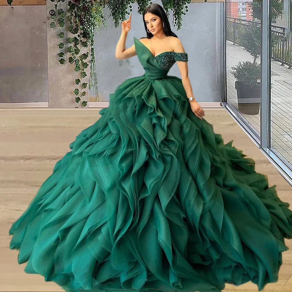 

Green A-line Fluffy Skirt Tulle Prom Dress V-neck Sleeveless Sequins Beaded Evening Dress Celebrity Dresses вечерние платья 2023